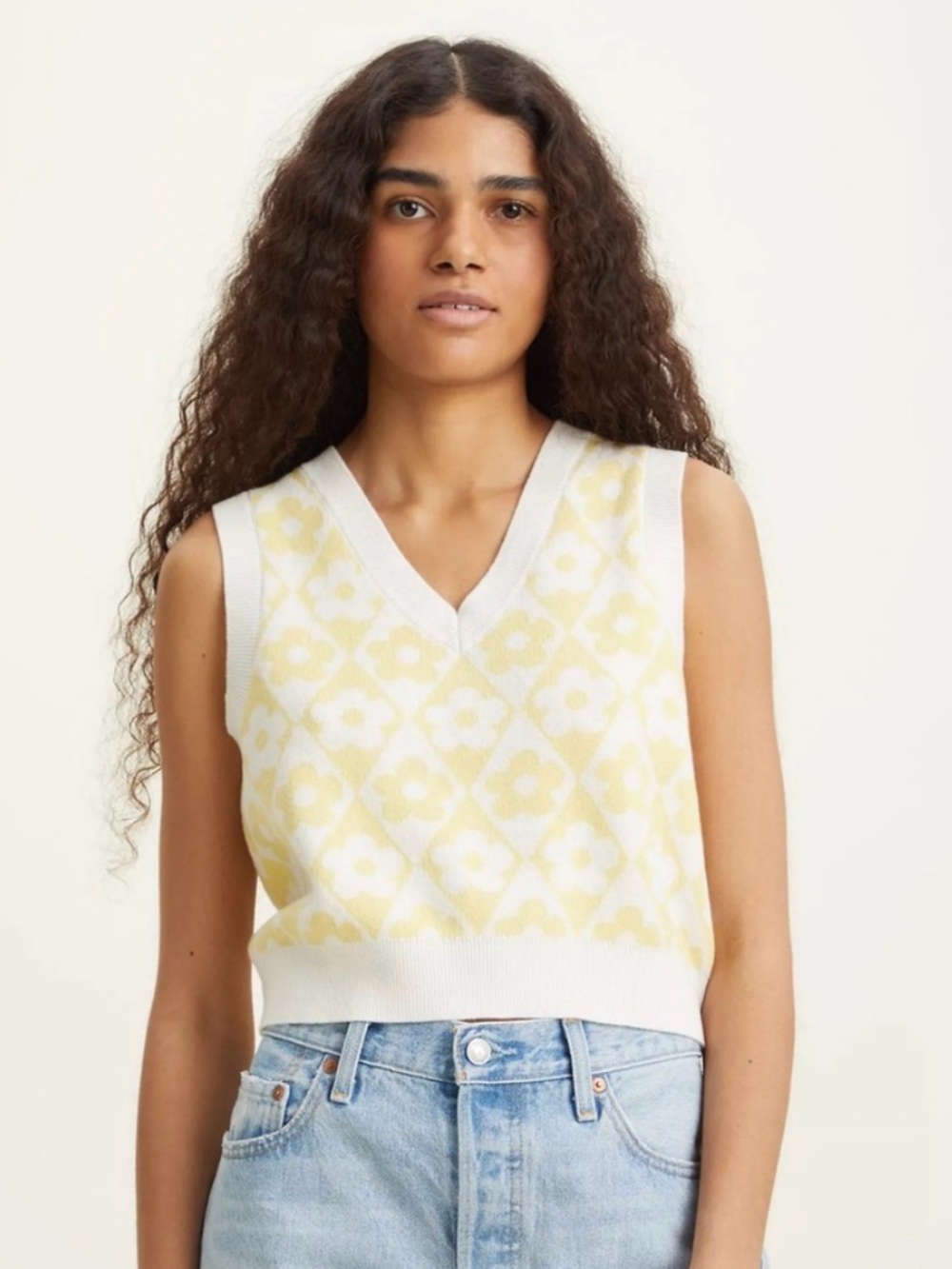 Levi's Yellow and White Floral V-Neck Sweater Vest